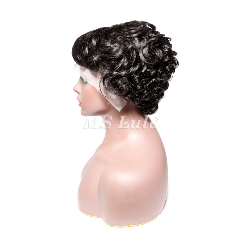 #1B Natural Color Human Hair Curly Wig T Part Pixie Cut Wigs - 图片 7